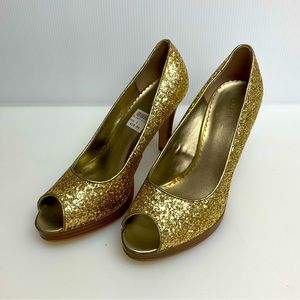 FIONI sz 8 Heels Open Toe Slight Platform Glitter Sparkly GOLD